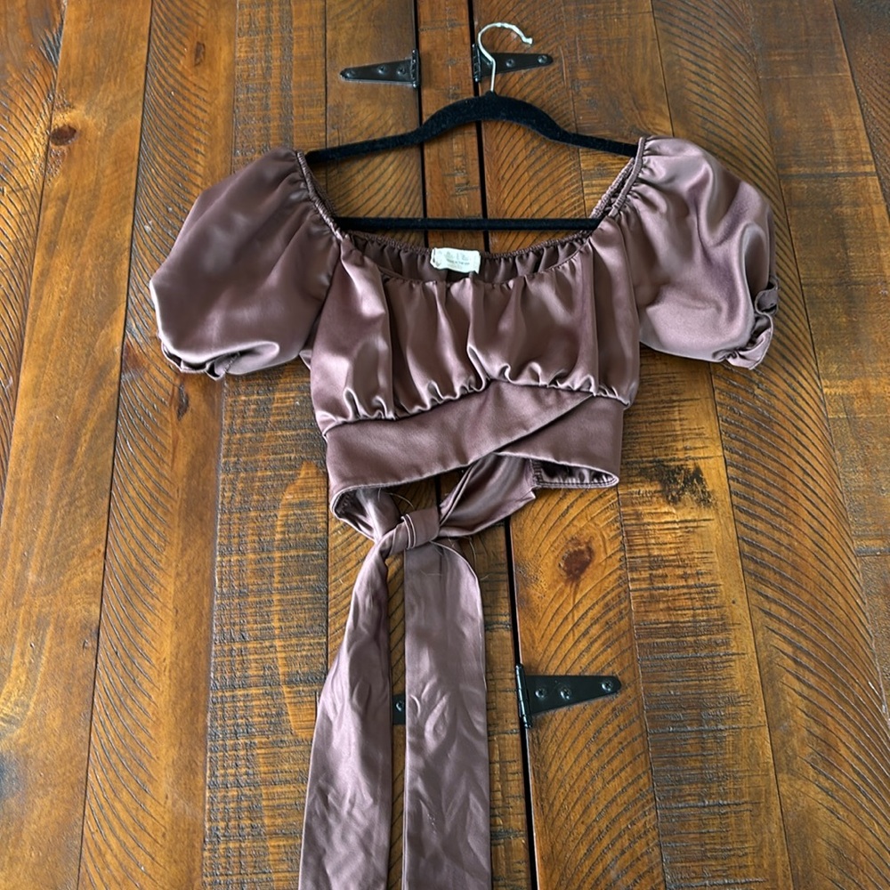 Altar'd State Brown Puff Sleeve Wrap Crop Top